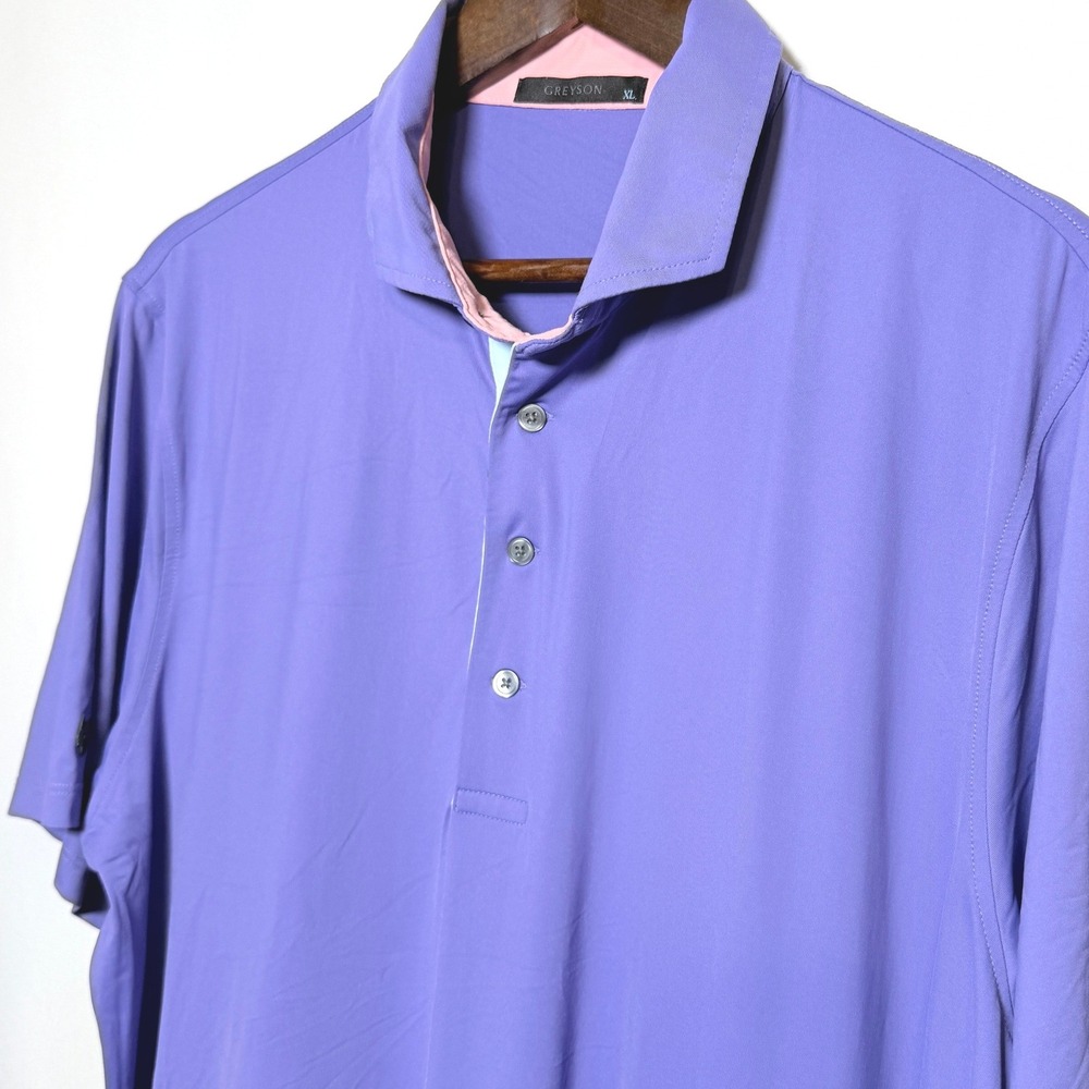 Greyson Clothiers Mens XL Purple Short Sleeve Golf Polo Shirt Wolf Logo Stretch